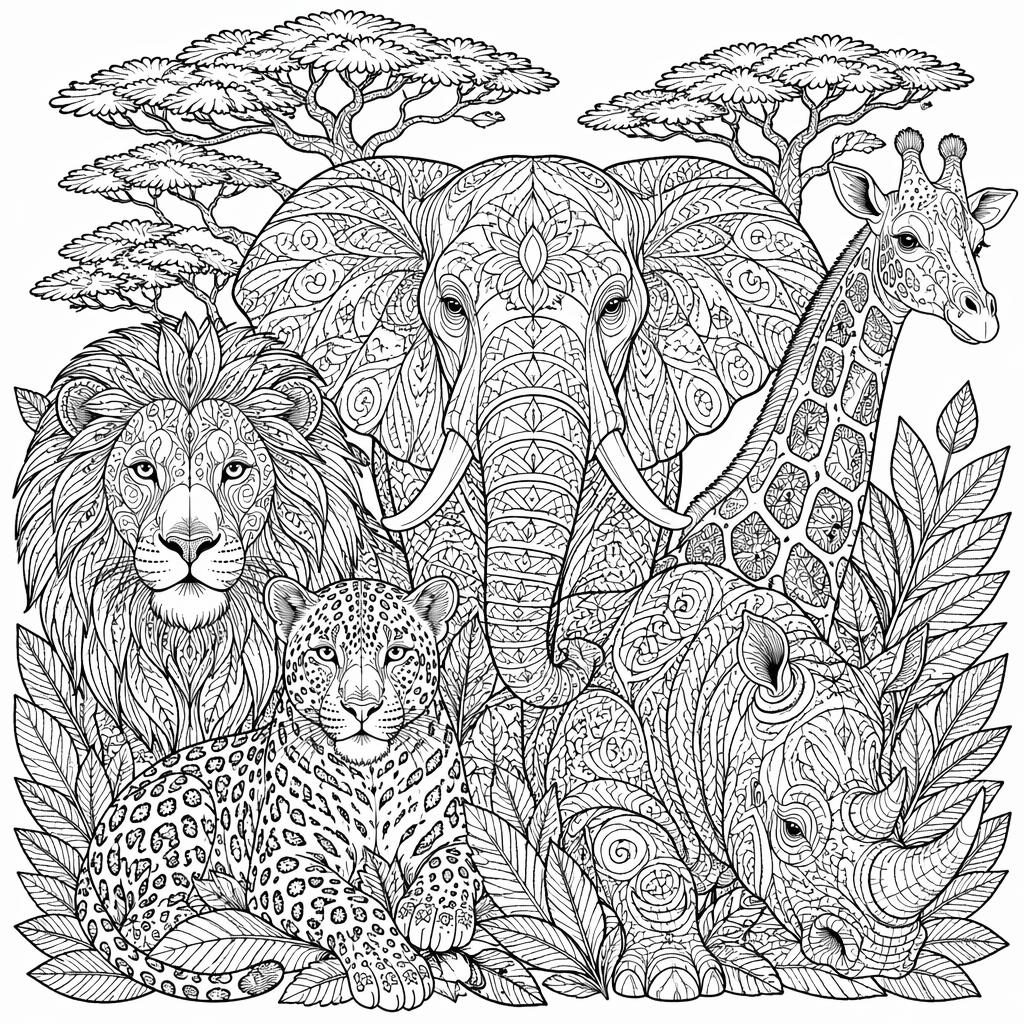 Black-and-white coloring page with safari animals in zentangle patterns, clean realistic line art on a white background.