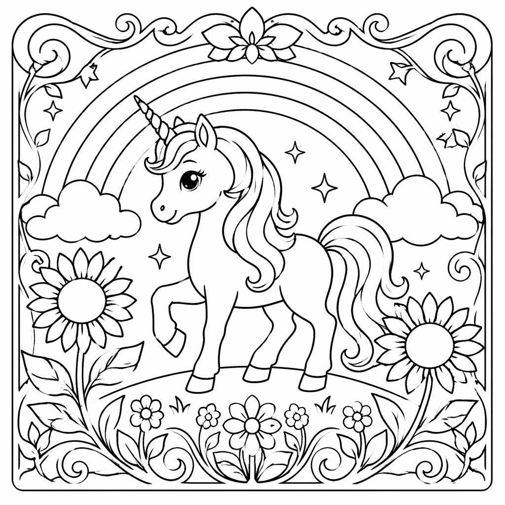 Ilustración para colorear en blanco y negro de un unicornio simple junto a un arcoíris, estilo infantil.
