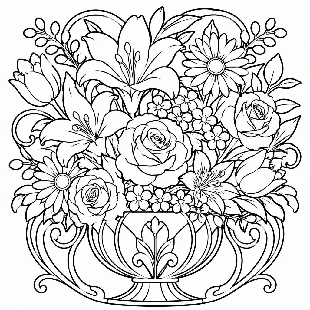Schwarz-weiße Ausmalseite mit Blumenstrauß in Jugendstil-Linien, klare dicke Konturen auf weißem Hintergrund