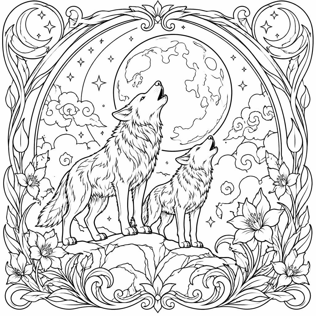 Schwarz-weiße Ausmalseite mit detailreichen Wölfen, die den Mond anheulen, im Jugendstil als klare Linienzeichnung.