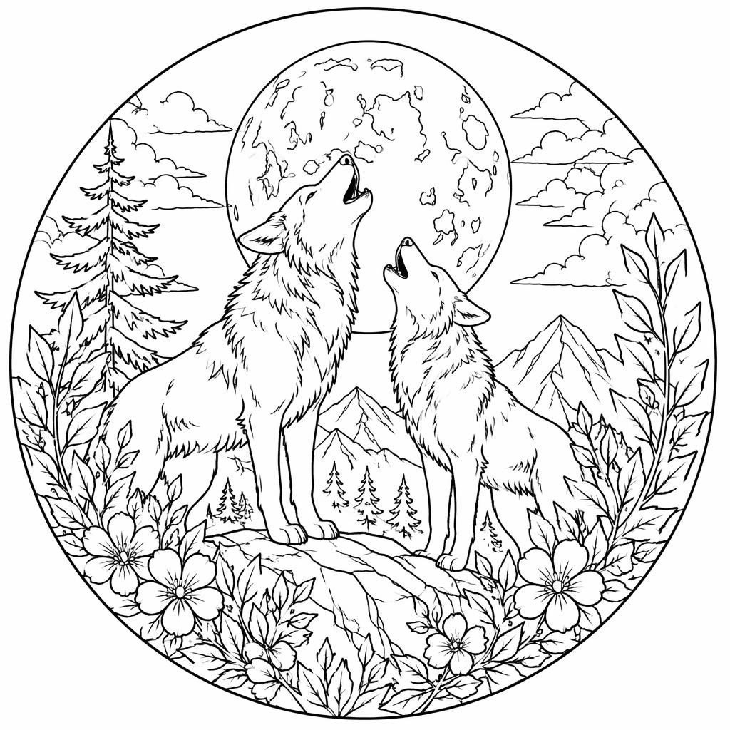 Ilustración para colorear en blanco y negro de lobos adultos aullando a la luna, con estilo botánico y líneas limpias.