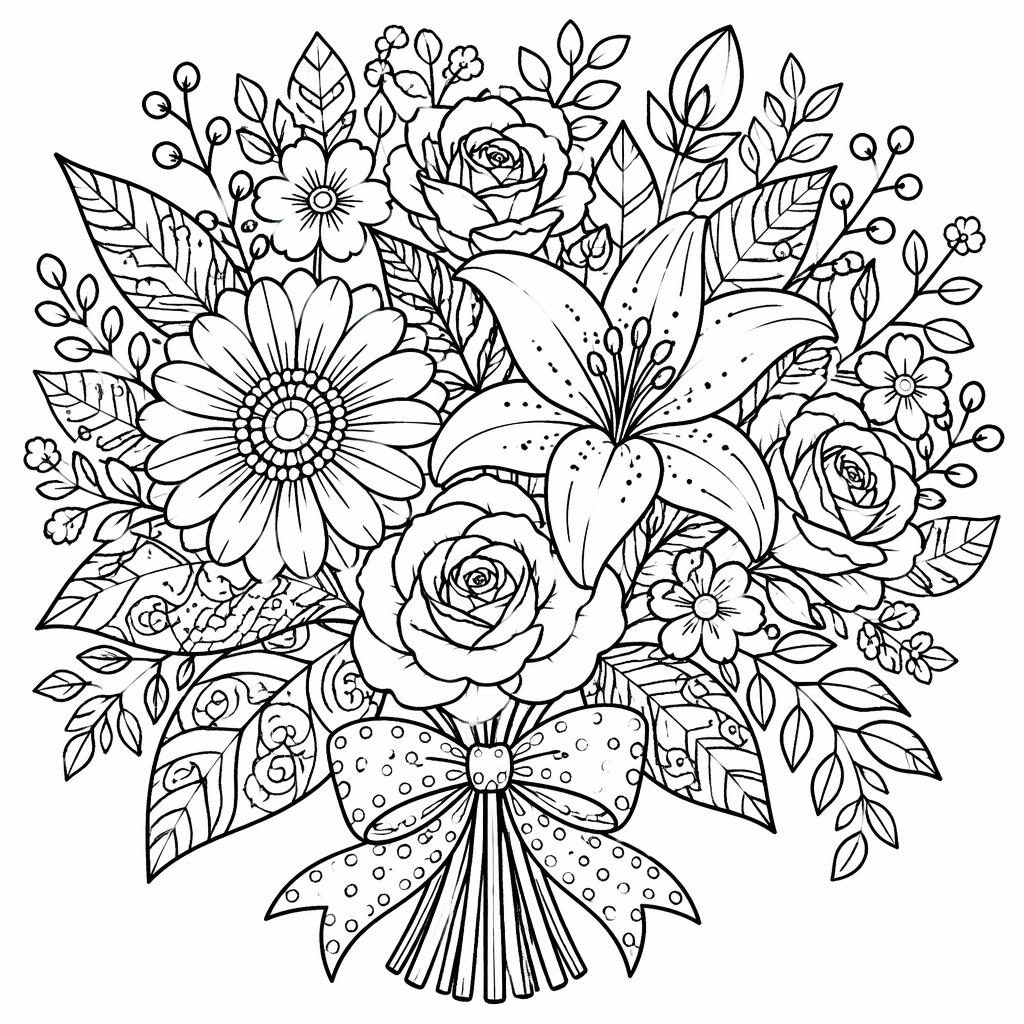 Ilustración en blanco y negro de un ramo de flores detallado para adultos, con líneas limpias y formas cerradas.
