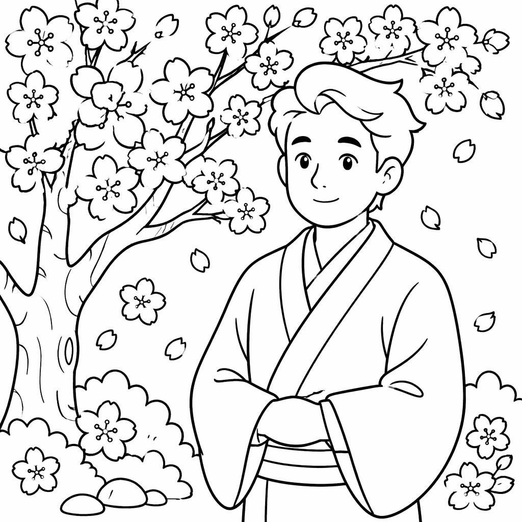 Ilustración para colorear en blanco y negro de una flor de cerezo japonesa estilo kawaii, con contornos simples.
