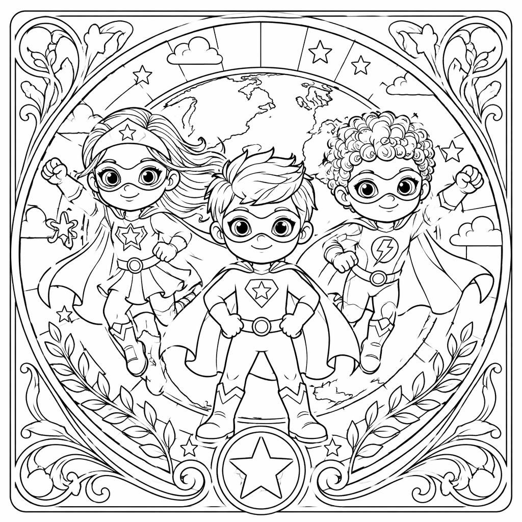 Ilustración para colorear en blanco y negro de niños superhéroes estilo caricatura con detalles art nouveau.