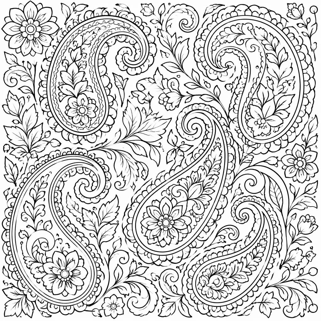 Illustration à colorier en noir et blanc avec motifs paisley botaniques détaillés, contours nets sur fond blanc.