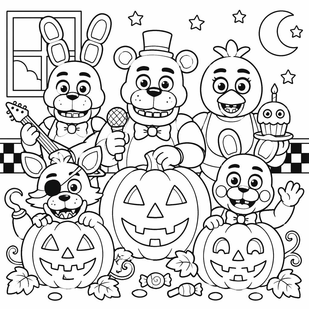 Black-and-white coloring page of cute kids with Halloween pumpkins in clean cartoon line art on a white background.
