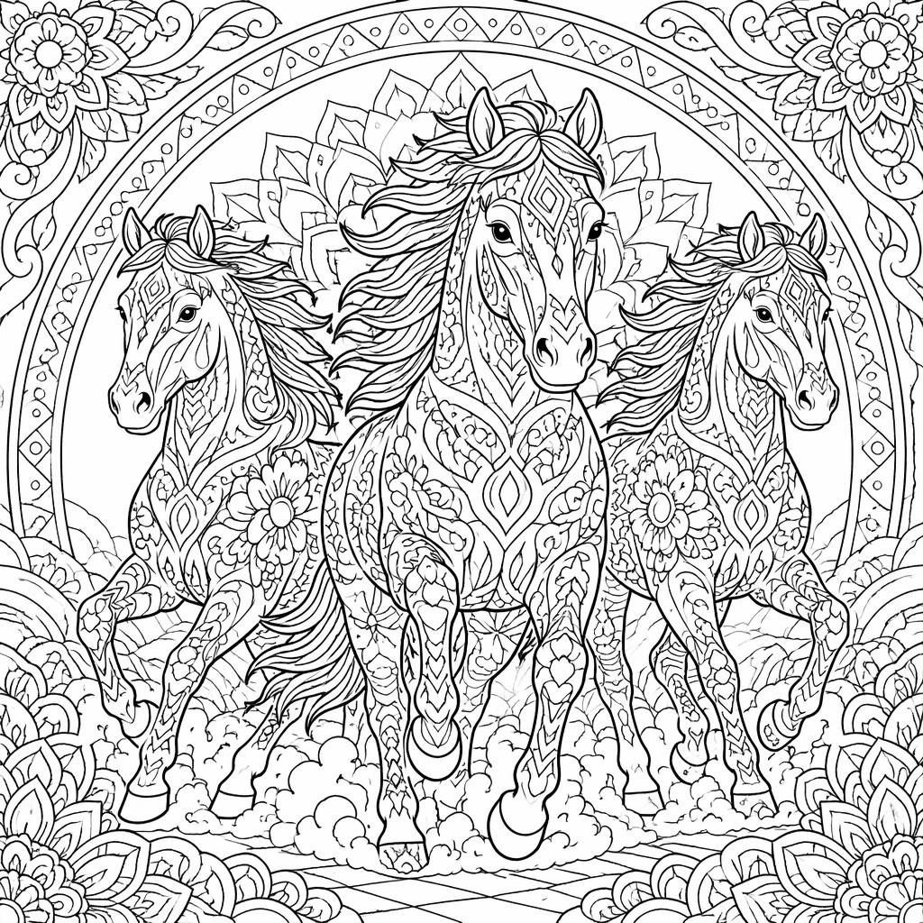 Schwarz-weiße Ausmalseite mit detaillierten galoppierenden Pferden im filigranen Mandala-Linienstil.