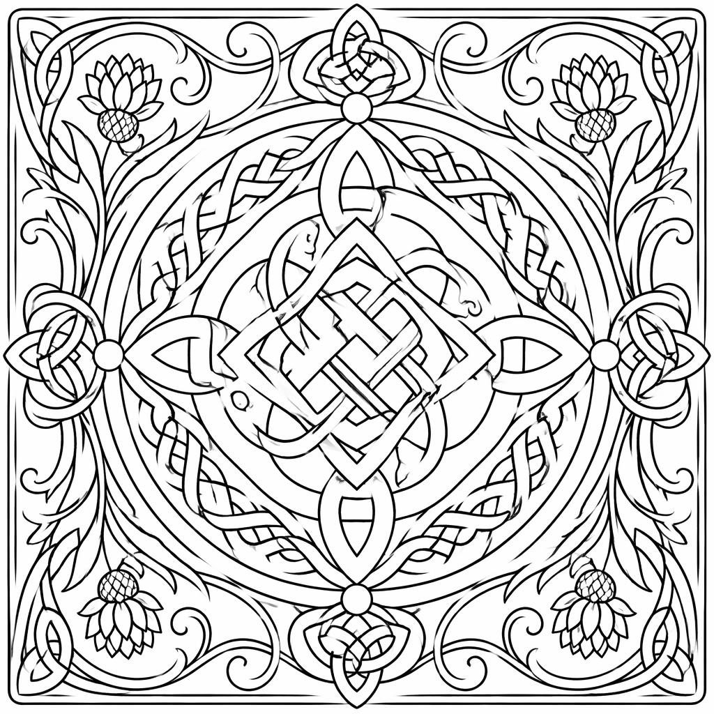Black-and-white line art coloring page featuring intricate Celtic knots in an art nouveau style on a white background.