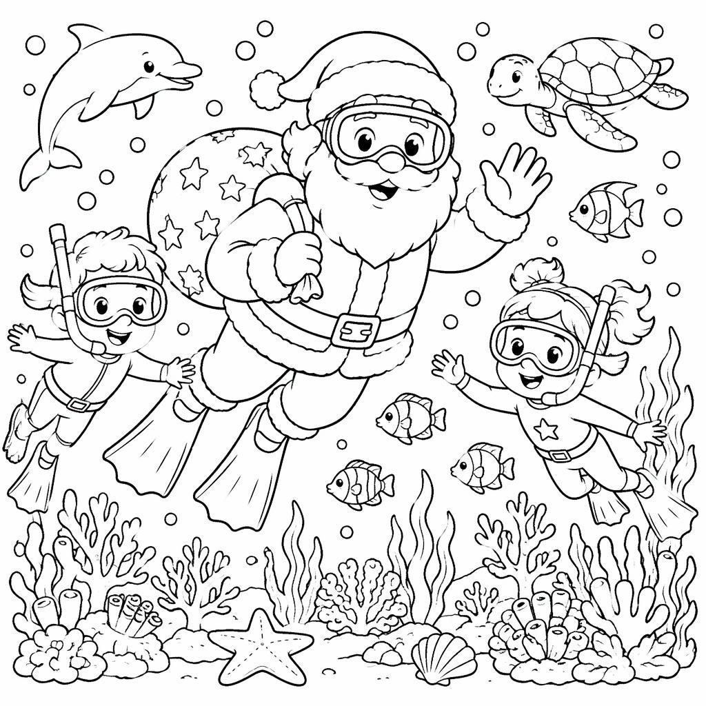 Illustration noir et blanc à colorier d’une scène sous-marine pour enfants avec poissons, coraux et bulles.