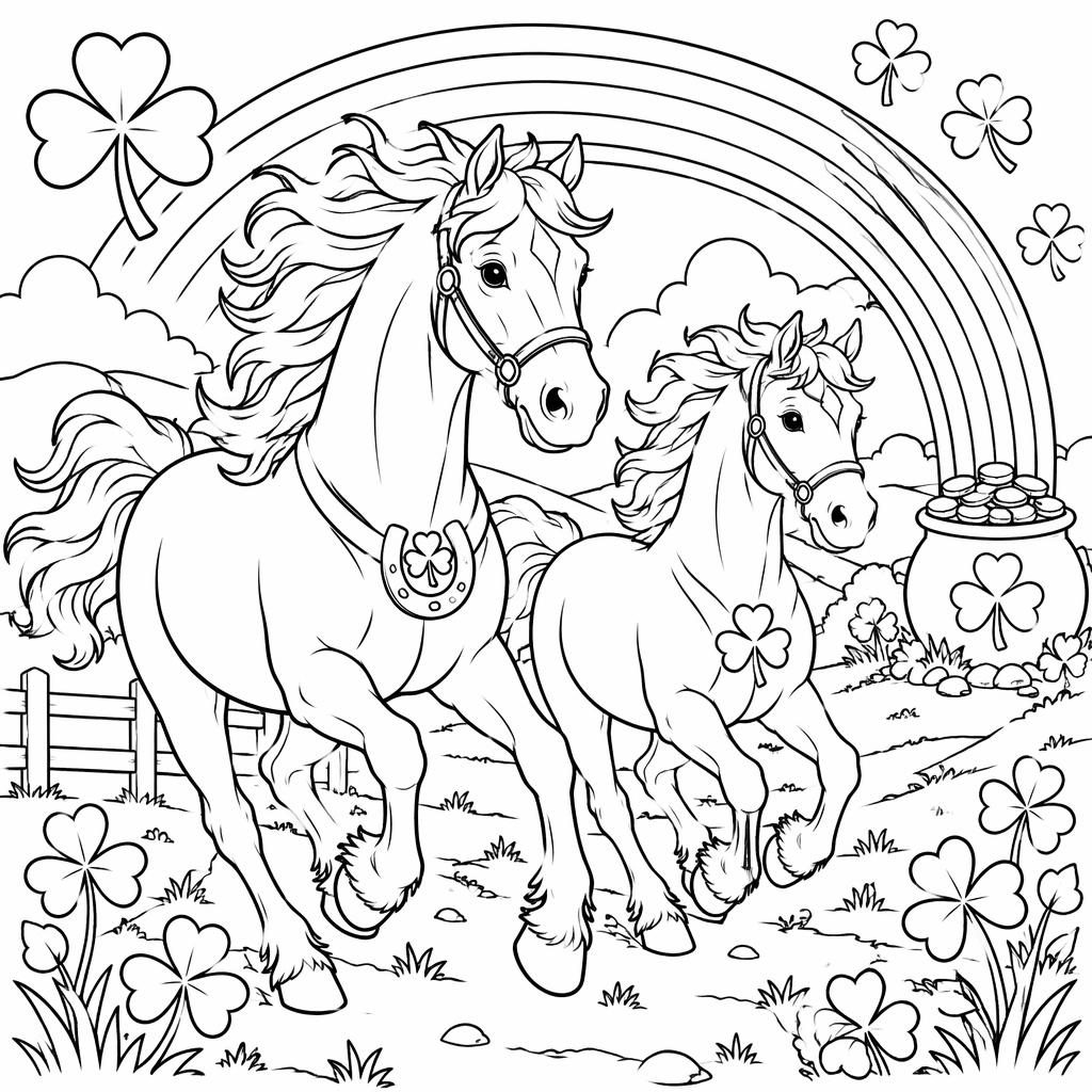Black-and-white coloring page of detailed running horses in manga-inspired line art on a clean white background.