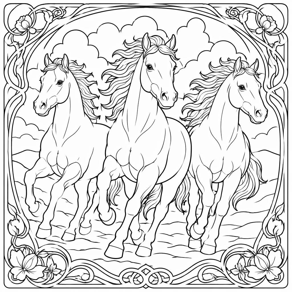 Ilustración en blanco y negro de caballos corriendo con estilo art nouveau, líneas limpias y formas cerradas.