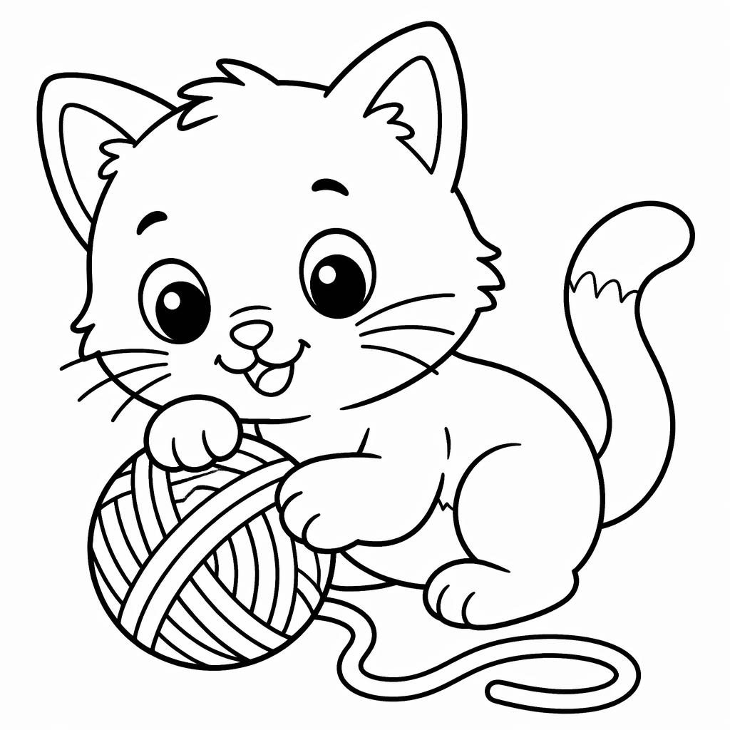 Ilustración para colorear en blanco y negro de un gatito con un ovillo, líneas gruesas y estilo botánico infantil.