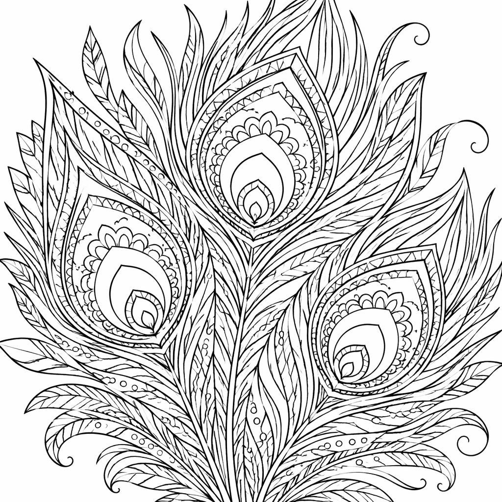 Ilustración para colorear en blanco y negro con plumas de pavo real detalladas y patrón geométrico tipo mandala.