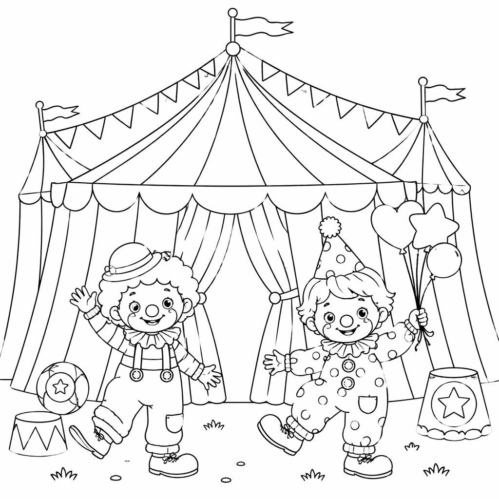 Illustration noir et blanc d’un chapiteau de cirque avec des clowns enfants, en contours nets à colorier.