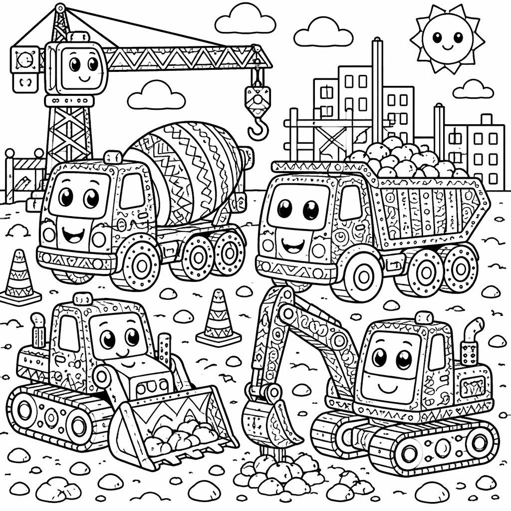 Black-and-white coloring page with simple construction trucks in doodle line art, clean outlines, and kid-friendly printable shapes.