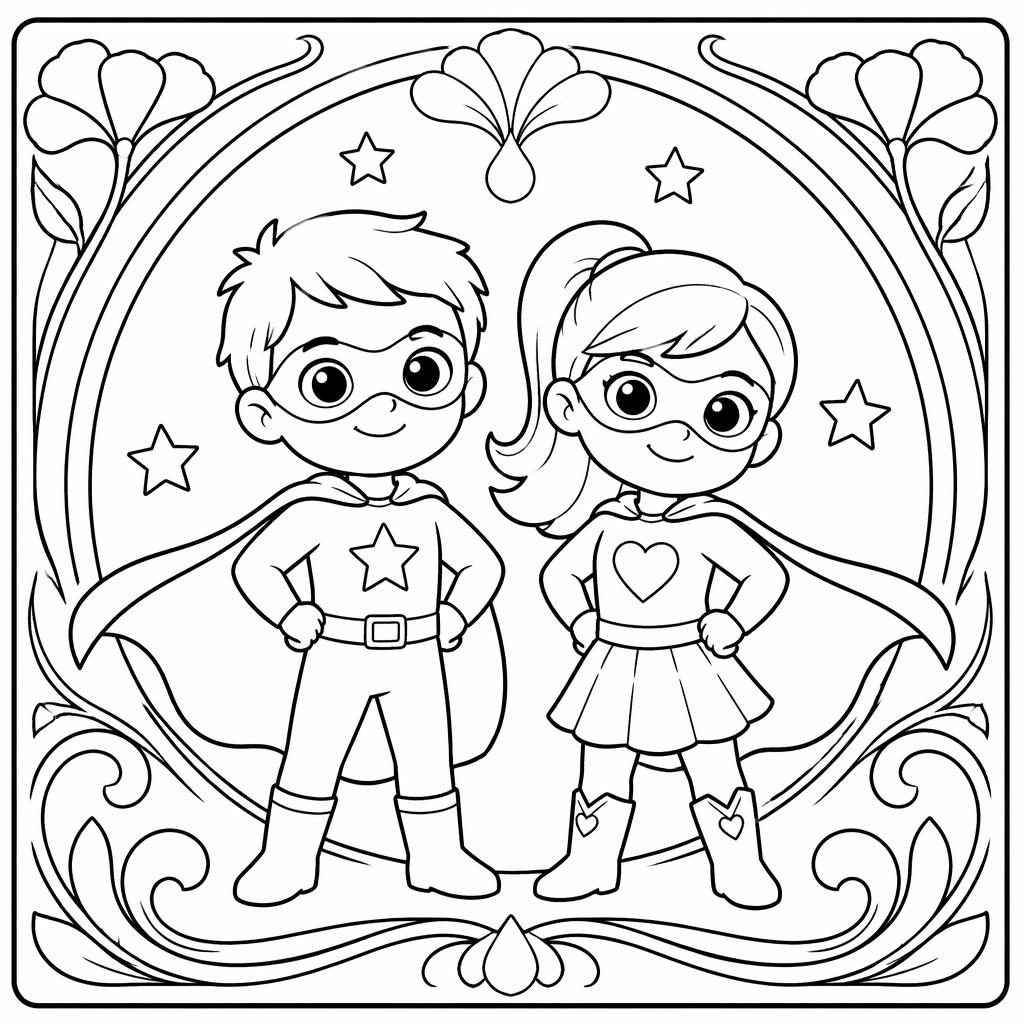 Illustration noir et blanc de deux enfants super-héros en style art nouveau, contours simples à colorier.