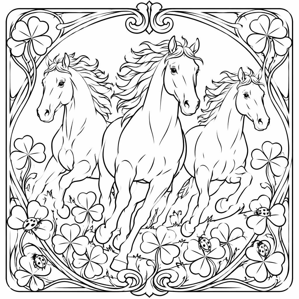 Schwarz-weiße Ausmalseite mit mehreren laufenden Pferden im detailreichen Jugendstil als klare Linienzeichnung