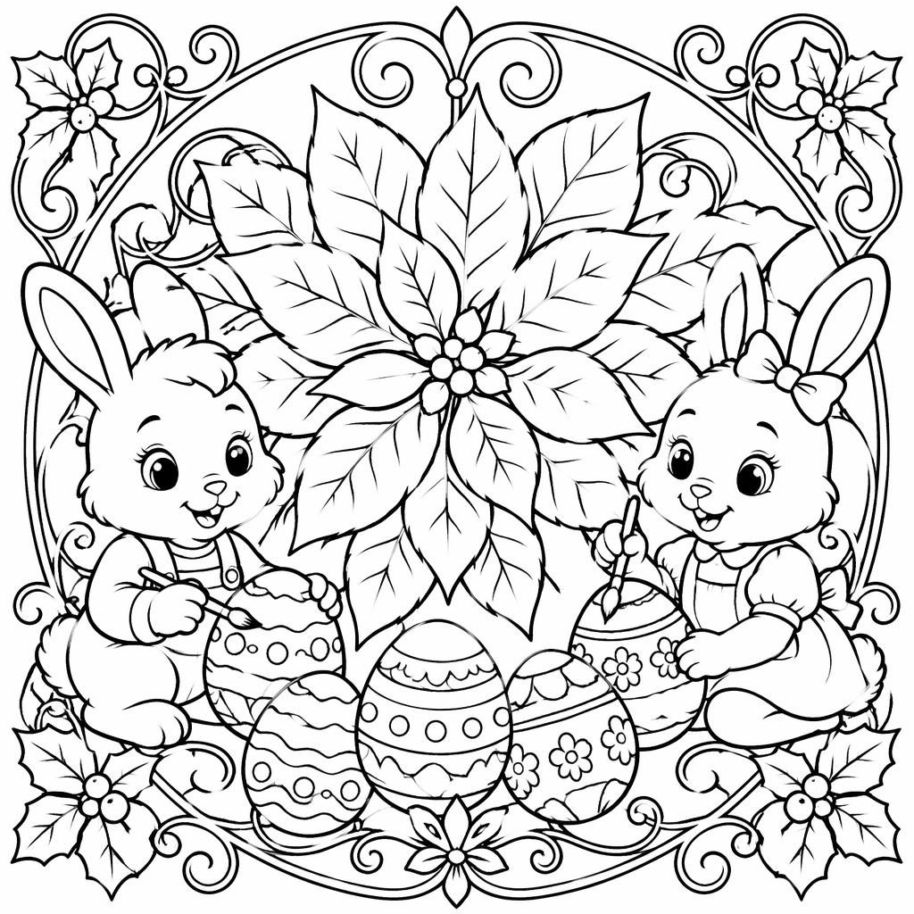 Página para colorear en blanco y negro con conejitos niños y huevos de Pascua, estilo art nouveau, líneas limpias.
