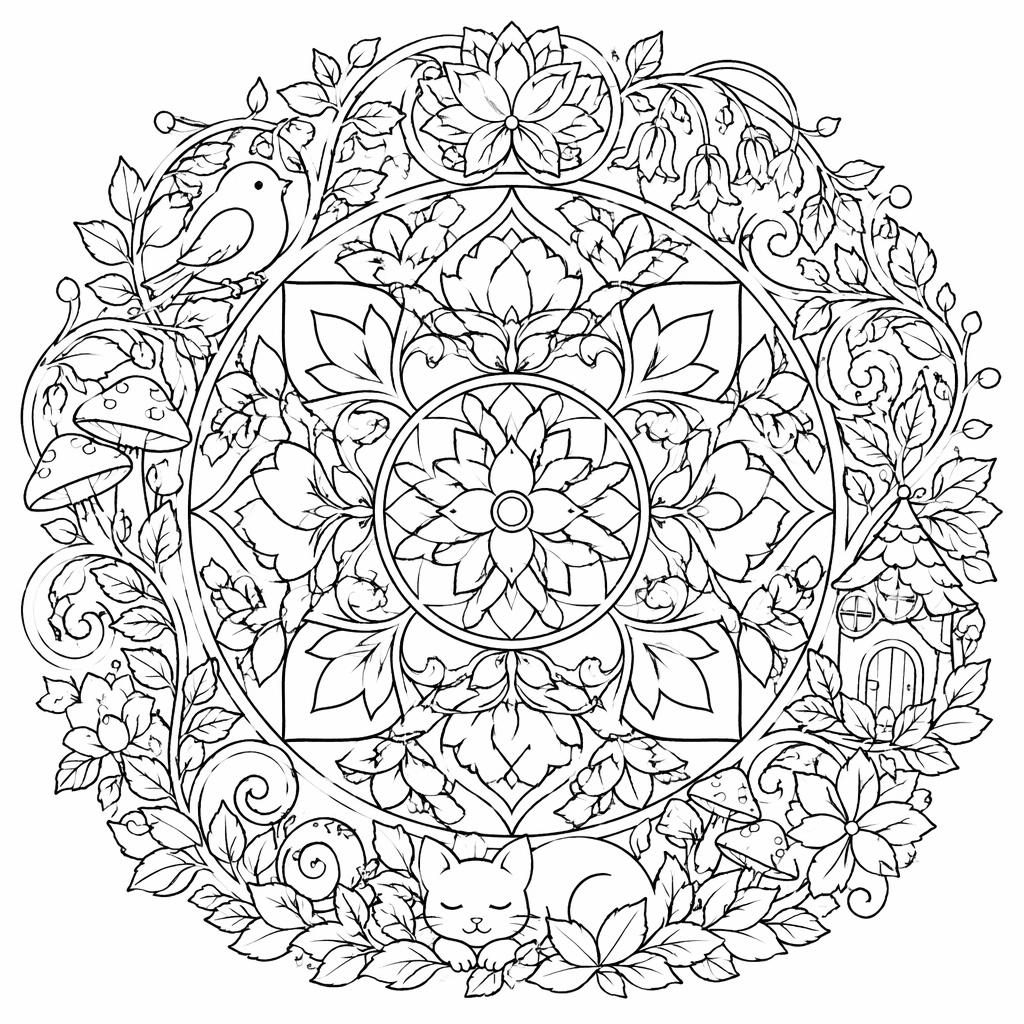Black-and-white mandala coloring page with simple art nouveau line art, closed shapes, and clean printable outlines.