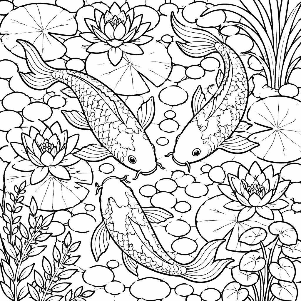 Schwarz-weißes Ausmalbild mit Koi-Teich, Fischen, Pflanzen und klaren, dicken Linien auf weißem Hintergrund.