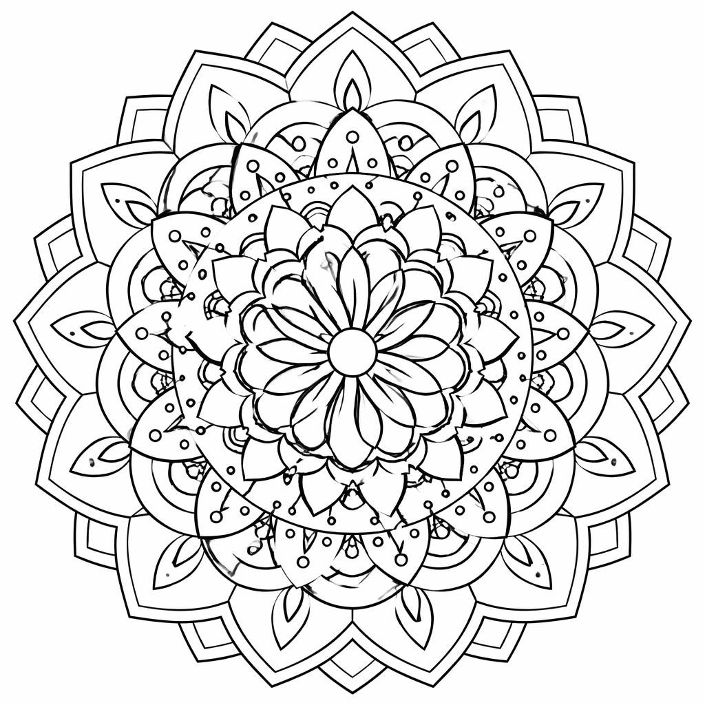 Ilustración para colorear en blanco y negro de un mandala geométrico para adultos, con líneas negras limpias y fondo blanco.