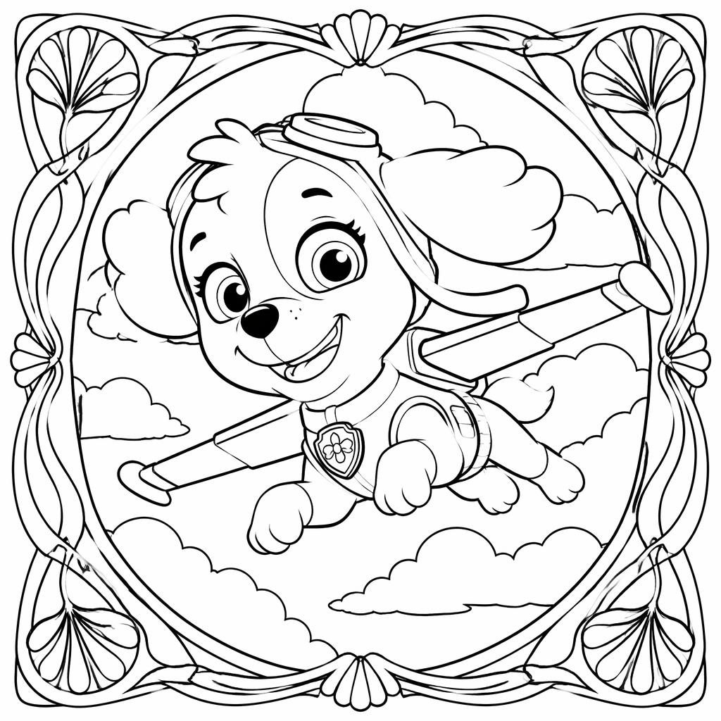 Black-and-white coloring page line art of playful kids with a cat in an art nouveau style, clean outlines on white.