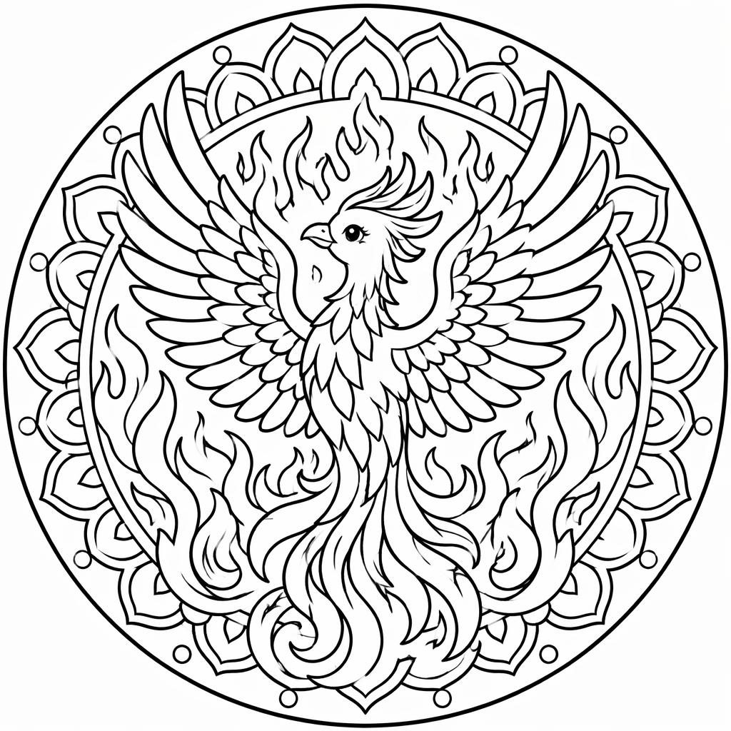 Ilustración para colorear en blanco y negro de un fénix adulto con llamas, estilo cartoon tierno y contornos limpios.
