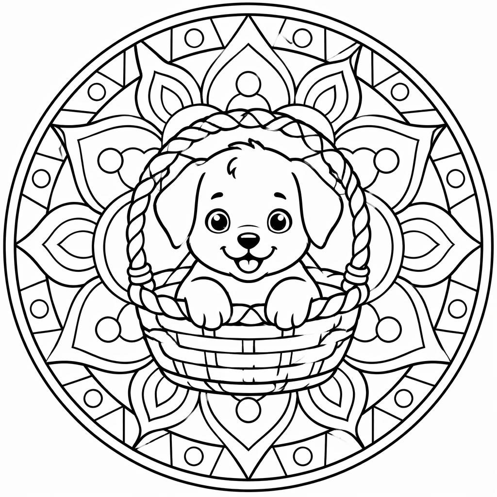 Ilustración en blanco y negro de un cachorro en una canasta, estilo mandala geométrico para niños.