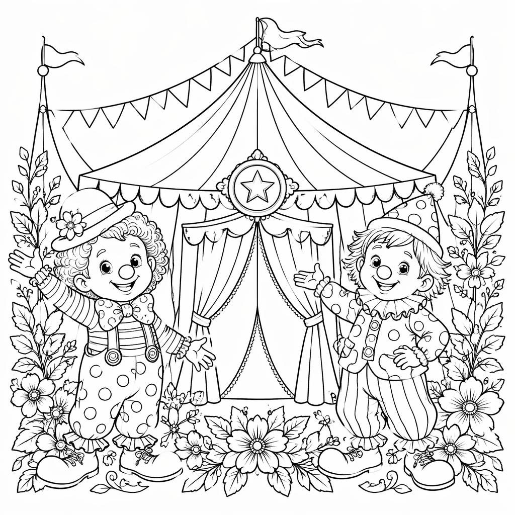 Schwarz-weiße Ausmalseite mit Zirkuszelt, Clown-Kindern und feinen botanischen Details als klare Line-Art.