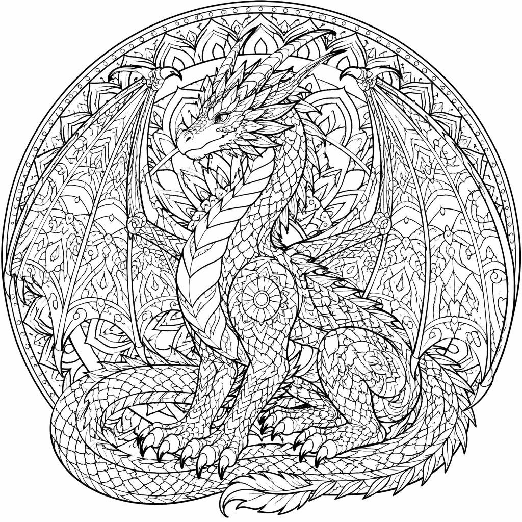 Illustration de coloriage en noir et blanc d’un dragon fantastique adulte, style mandala détaillé, contours nets.
