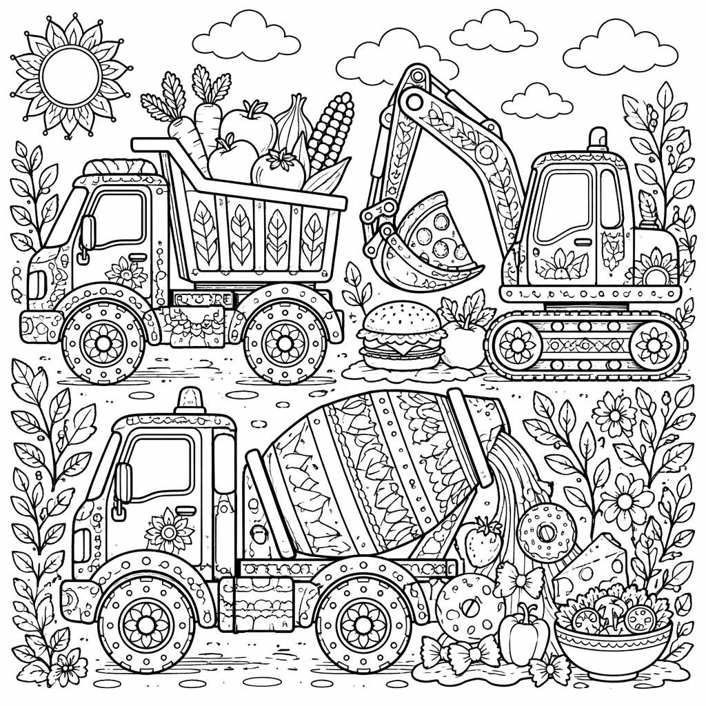 Ilustración para colorear en blanco y negro con camiones de construcción para niños y detalles botánicos intrincados.