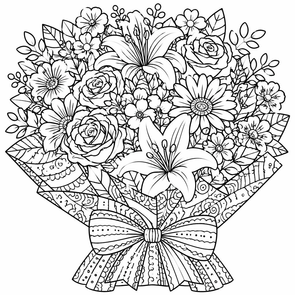 Black-and-white coloring page of a detailed flower bouquet in zentangle doodle line art, printable for kids.