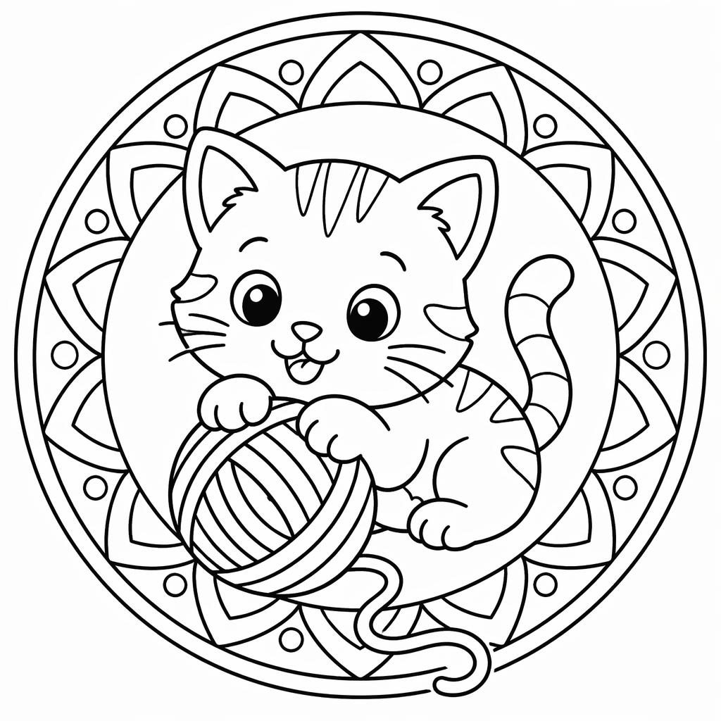 Black-and-white coloring page of a simple kitten playing with yarn in a kid-friendly geometric mandala line-art style.