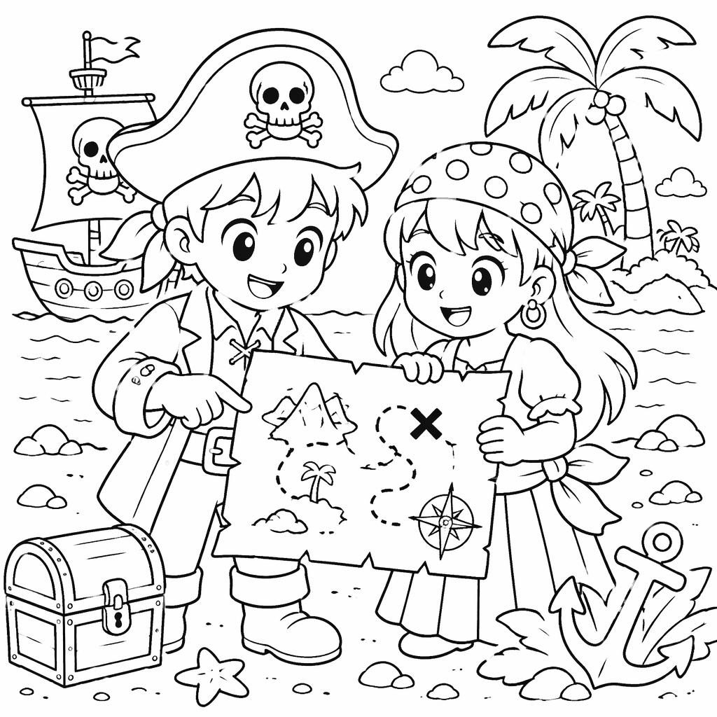 Ilustración para colorear en blanco y negro de niños piratas con un mapa del tesoro, estilo manga simple.