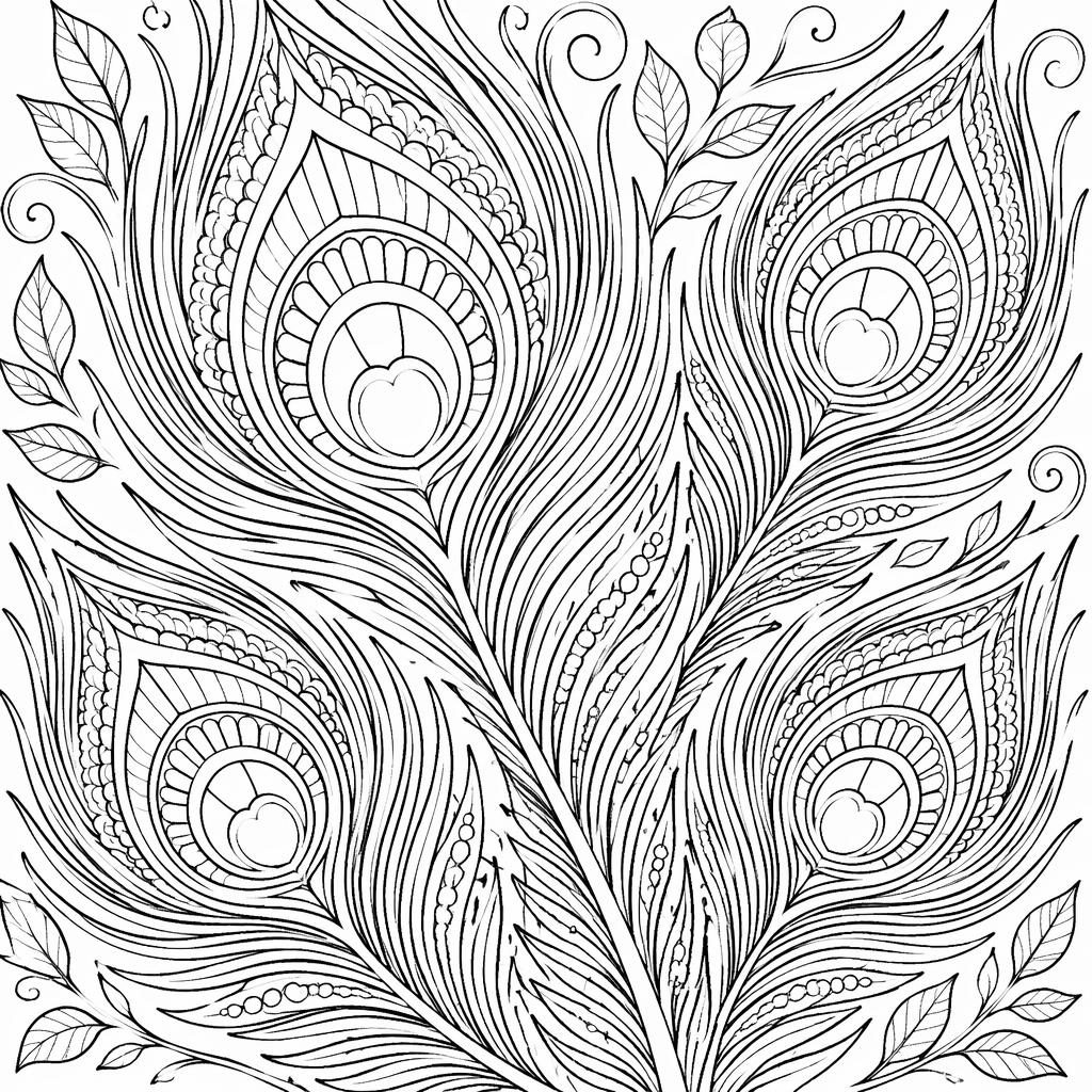 Schwarz-weiße Ausmalbild-Illustration mit detailreichen Pfauenfedern als botanische Line-Art für Erwachsene.