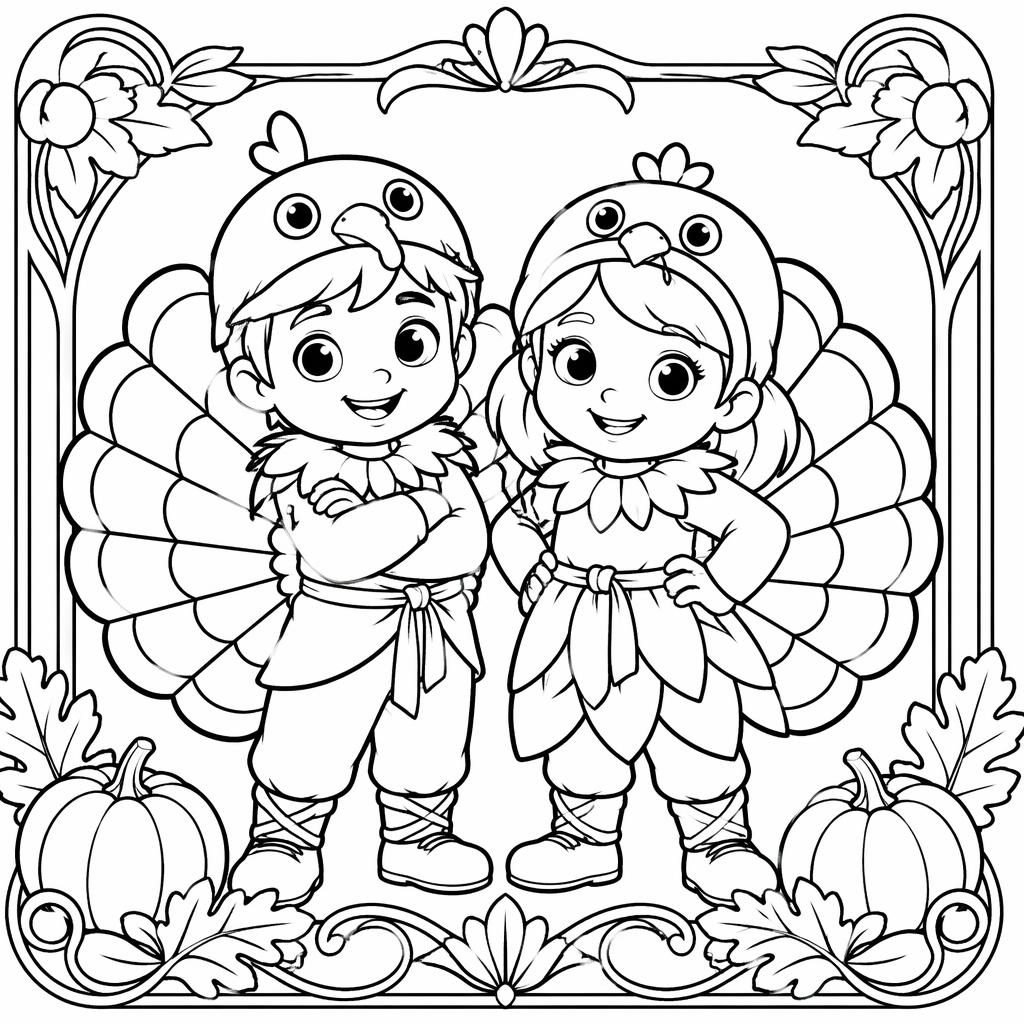Illustration à colorier en noir et blanc d'une dinde de Thanksgiving pour enfants, contours épais style art nouveau.