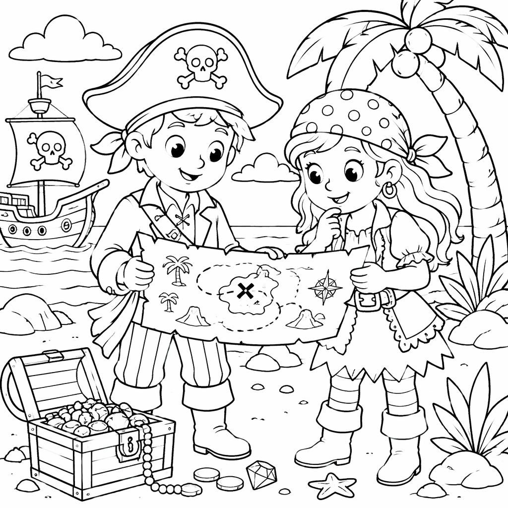 Ilustración para colorear en blanco y negro de niños piratas con mapa del tesoro, estilo cartoon tierno.
