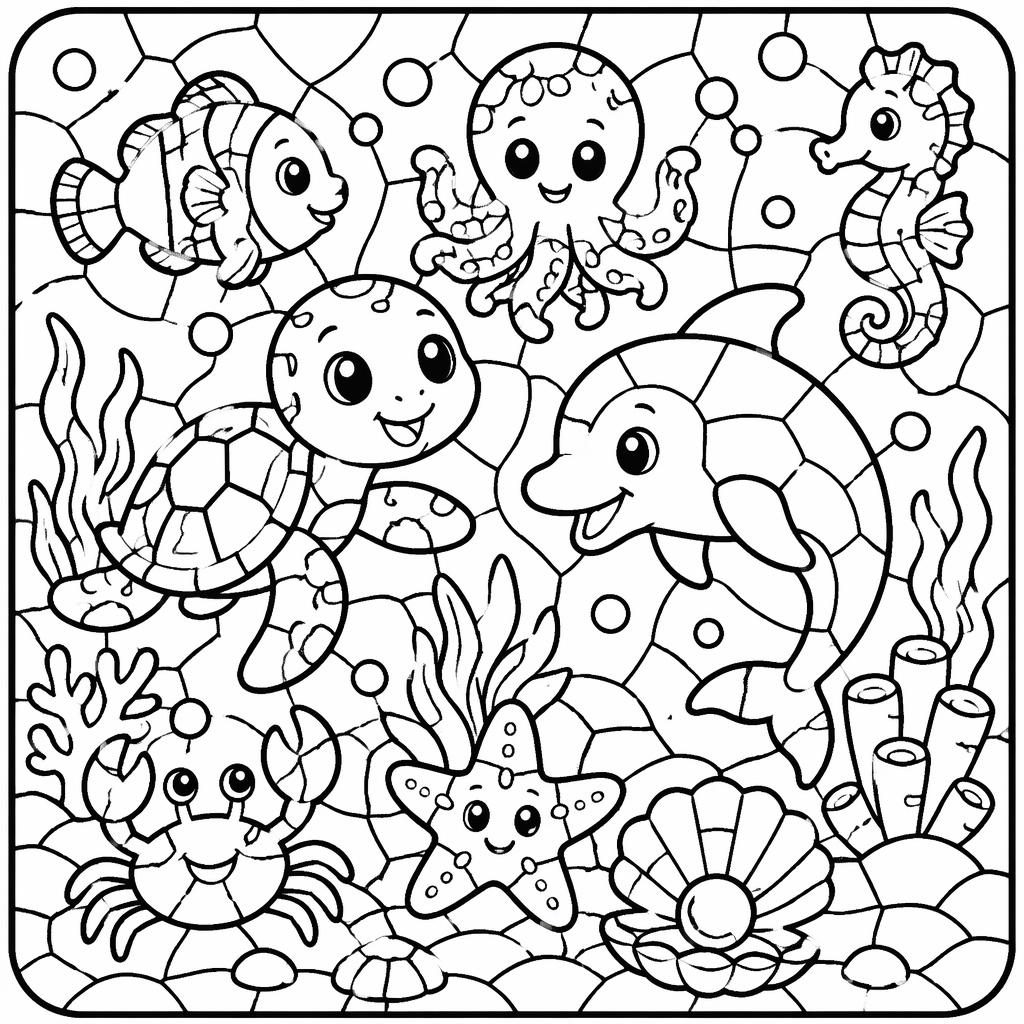 Illustration à colorier en noir et blanc d’une scène sous-marine mignonne pour enfants avec poissons et formes épaisses.