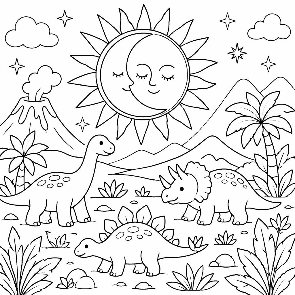 Black-and-white coloring page showing simple kid-friendly dinosaur scenes in clean printable line art on a white background.