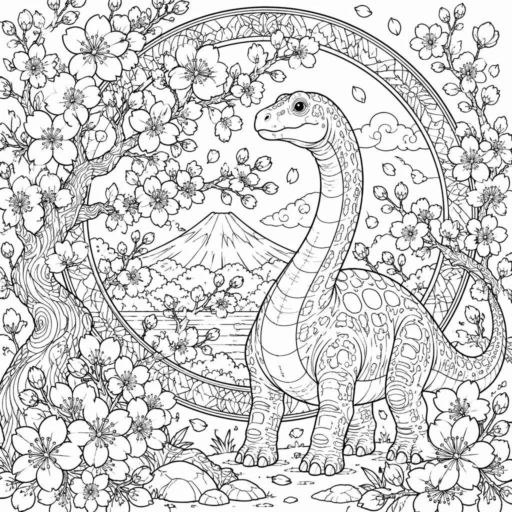 Schwarz-weiße Ausmalbild-Illustration einer japanischen Kirschblüte mit feinen botanischen Linien und geschlossenen Formen.