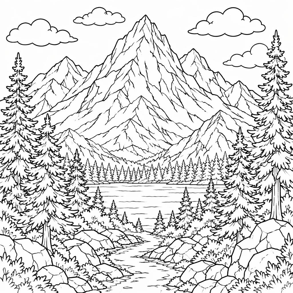 Illustration de coloriage en noir et blanc avec montagnes et sapins, style réaliste détaillé pour adultes.