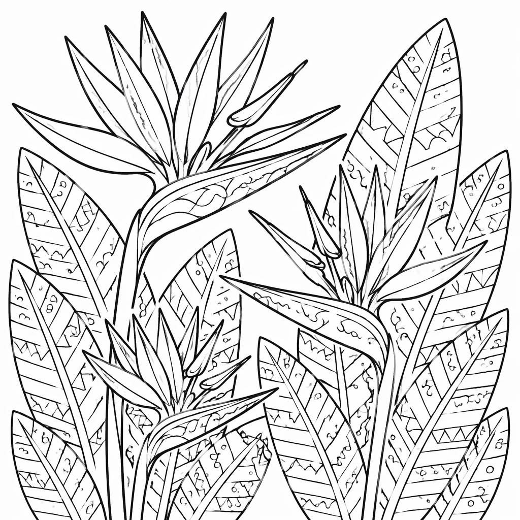 Schwarz-weiße Ausmalseite mit Paradiesvögeln im einfachen Doodle-Stil, klare Konturen, ohne Schattierung.
