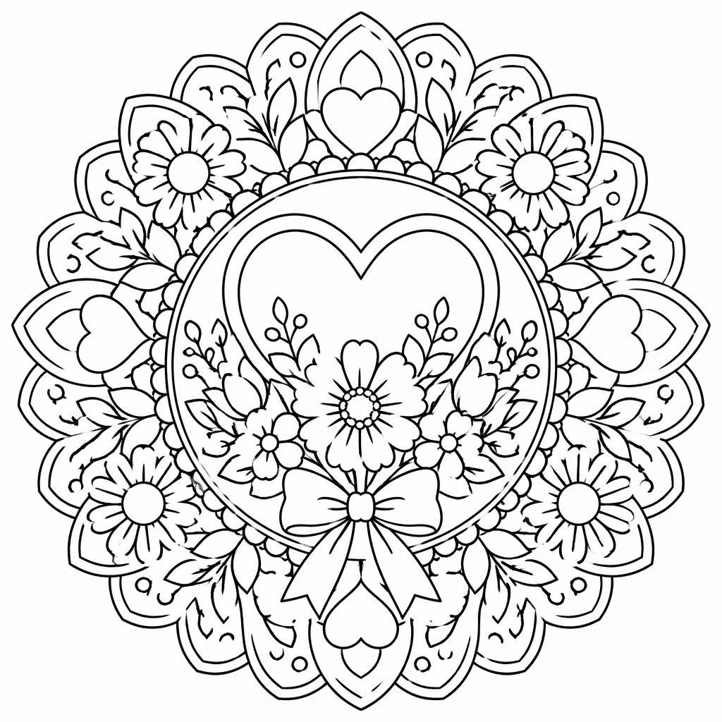 Schwarz-weißes Mandala-Ausmalbild mit einfachen Blumenformen, klaren Konturen und weißem Hintergrund.