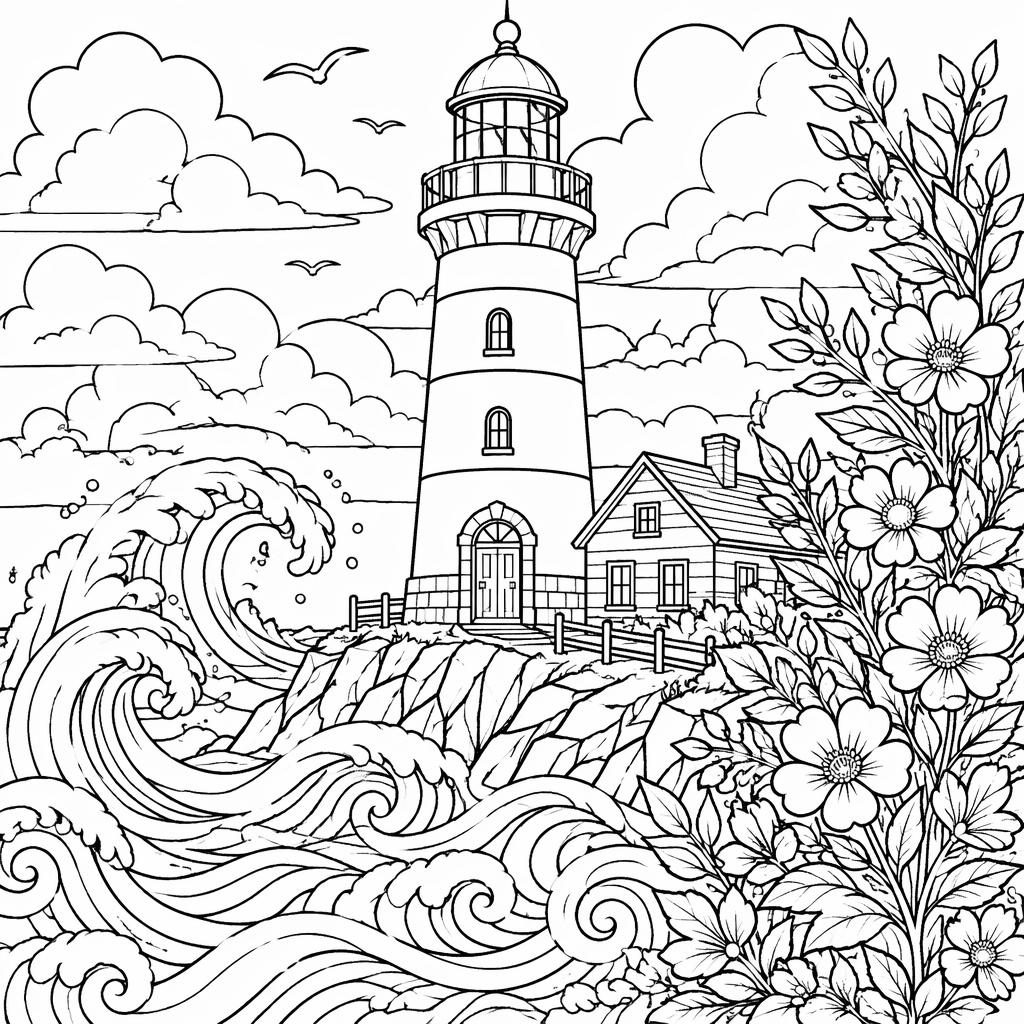 Black-and-white coloring page line art of a detailed lighthouse with ocean waves in a botanical illustration style.