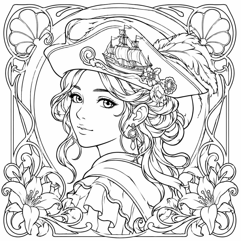 Schwarz-weiße Ausmalbild-Illustration eines Jugendstil-Frauenporträts im Manga-Stil mit klaren Konturen.