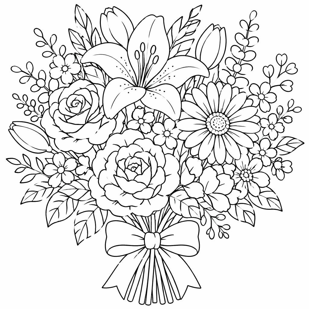 Illustration noir et blanc d’un bouquet de fleurs détaillé, style cartoon mignon, contours nets à imprimer et colorier