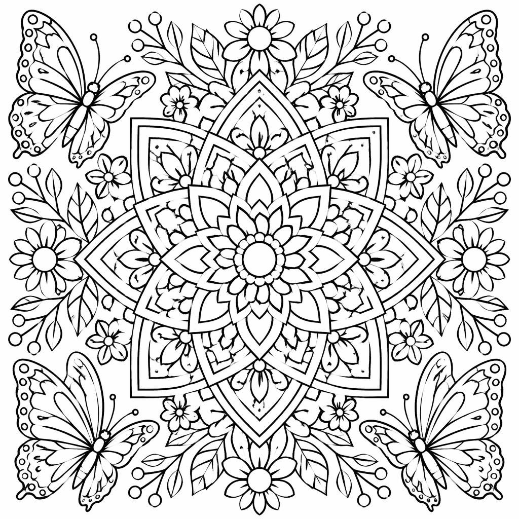Ilustración para colorear en blanco y negro con mariposas y flores detalladas, estilo tierno, líneas limpias.