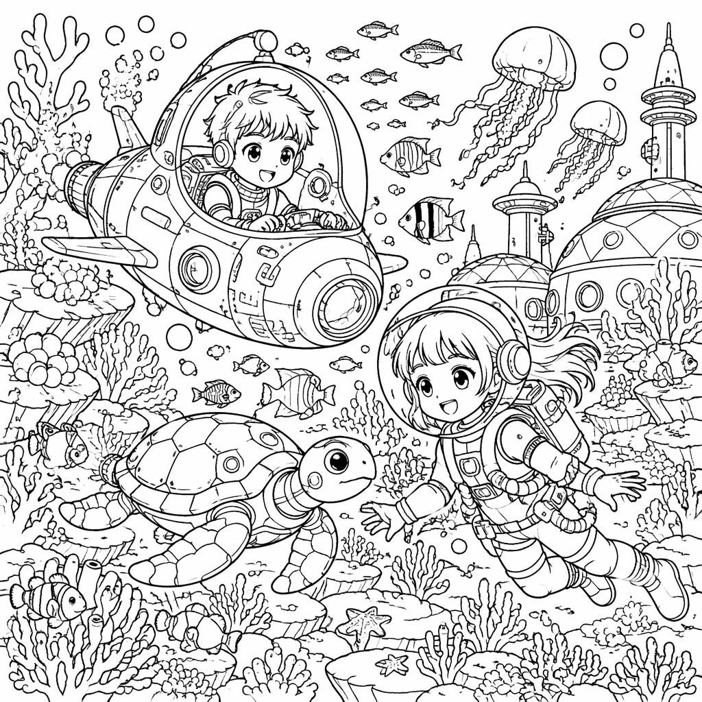 Black-and-white manga-style coloring page of a kids underwater ocean scene with fish, coral, bubbles, and clean line art.