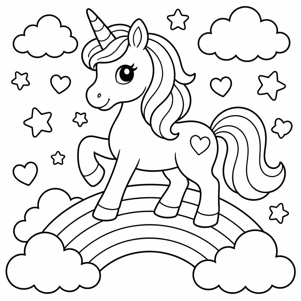 Ilustración para colorear en blanco y negro de un unicornio simple con arcoíris, estilo manga infantil.