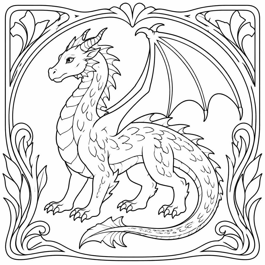 Ilustración en blanco y negro de un dragón de fantasía adulto, simple y amigable, con contornos limpios para colorear.
